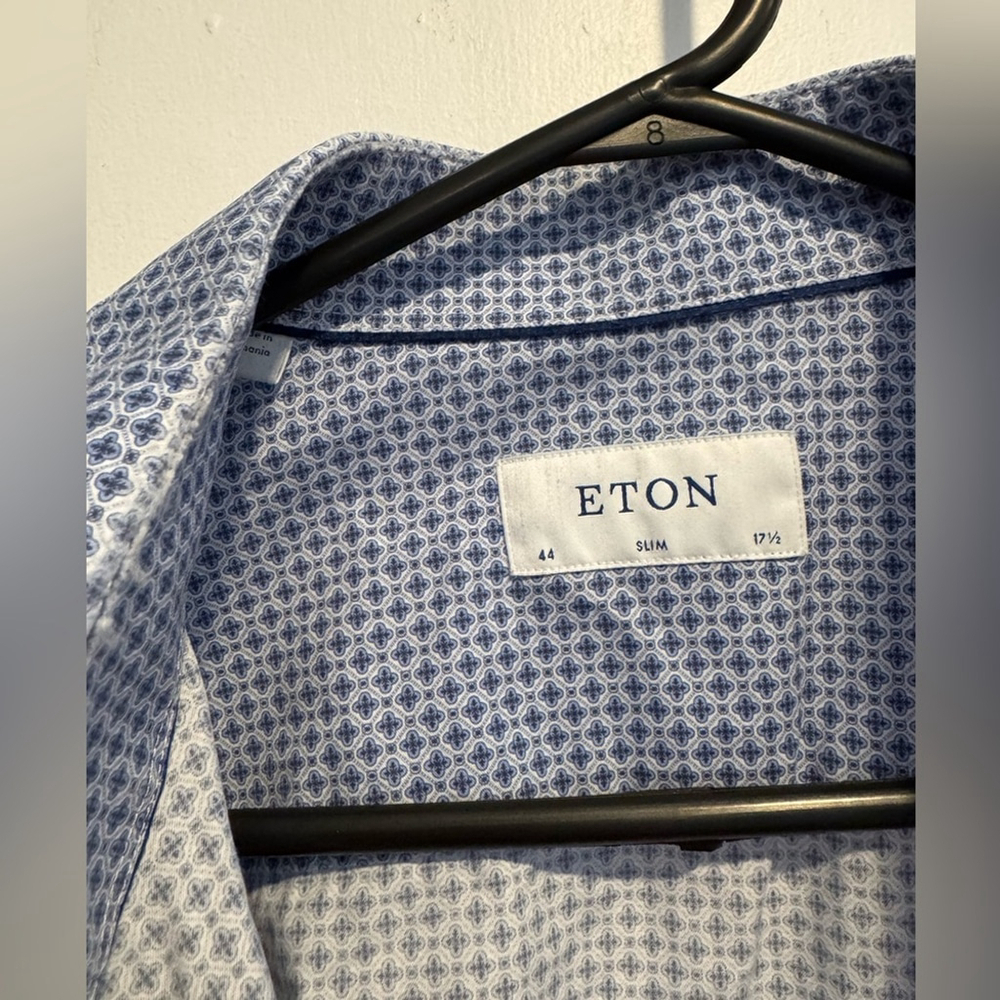 Eton Slim Fit Cotton button up short formal office medallion blue 44 17 1/2 rare